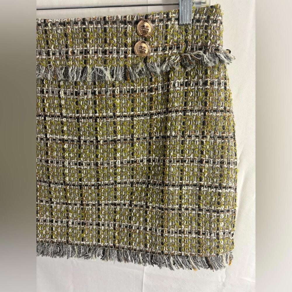 NWT Walter Baker Chartreuse Green Preppy Tweed Fringe Mini Skirt Women’s Size 6 - Picture 4 of 11